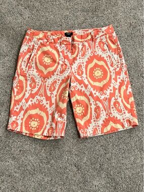 J. Crew | Like New! Coral Pink Ikat Print Bermuda City Fit Stretch Shorts Size 8